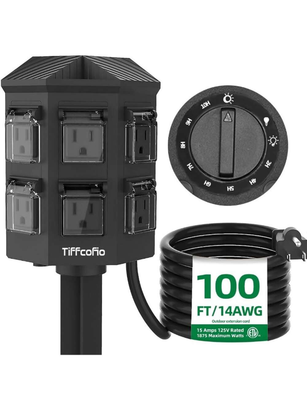 Outdoor Power Strip Timer with Dusk to Dawn Sensor, 100FT Waterproof Cord, 6